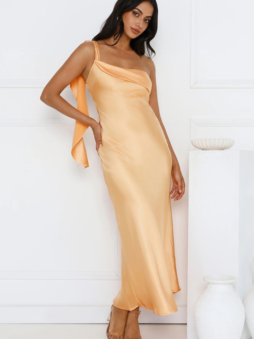 Hello Molly: Romantic Tales Satin One Shoulder Maxi Dress - Orange